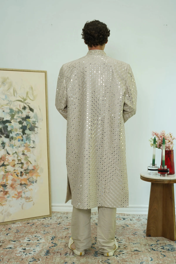 Champagne Mirrorwork Diamond Sherwani Set - MyEthnikRentals