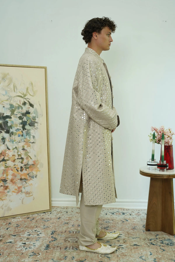 Champagne Mirrorwork Diamond Sherwani Set - MyEthnikRentals