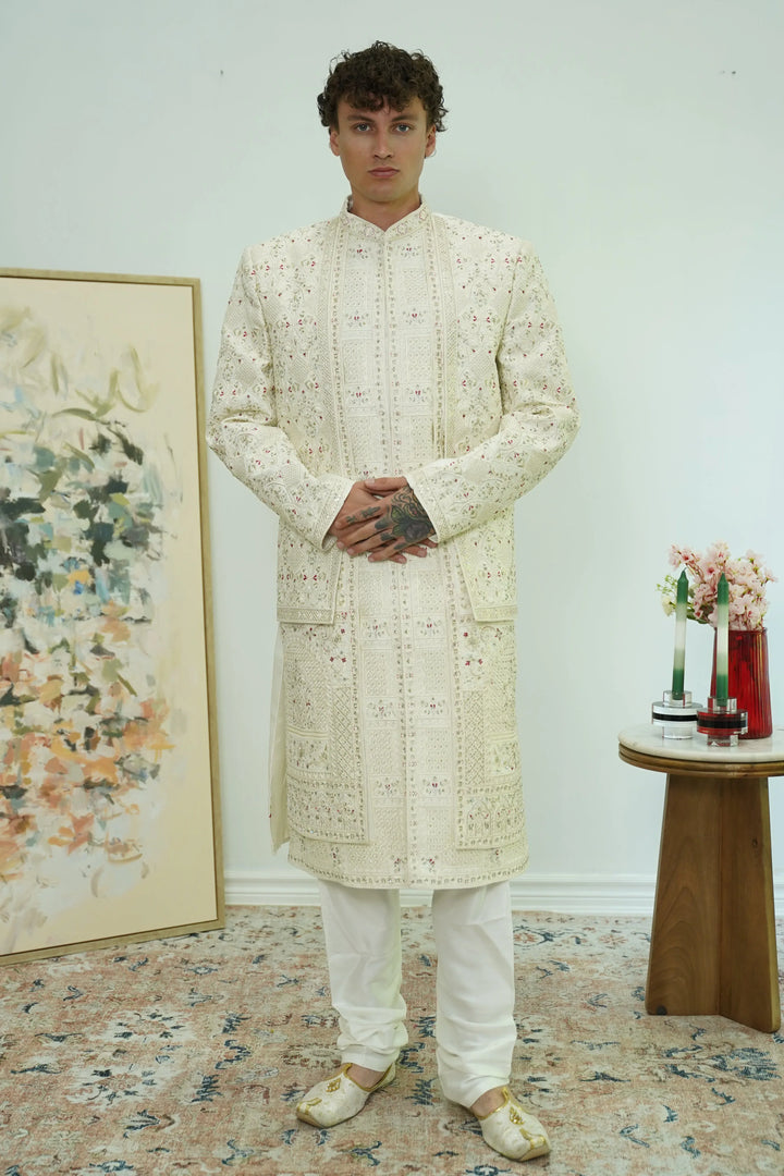Layered heavy embroidered Sherwani Set - MyEthnikRentals