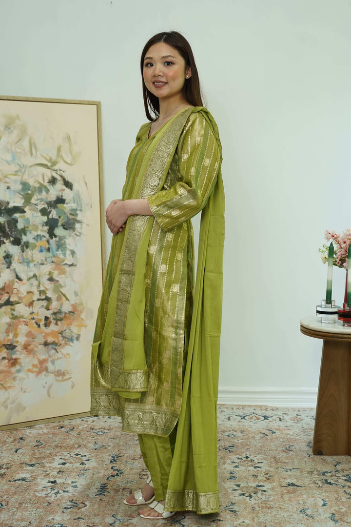 Olive Gleam Banarasi Salwar Kameez (Outside Ontario) - MyEthnikRentals