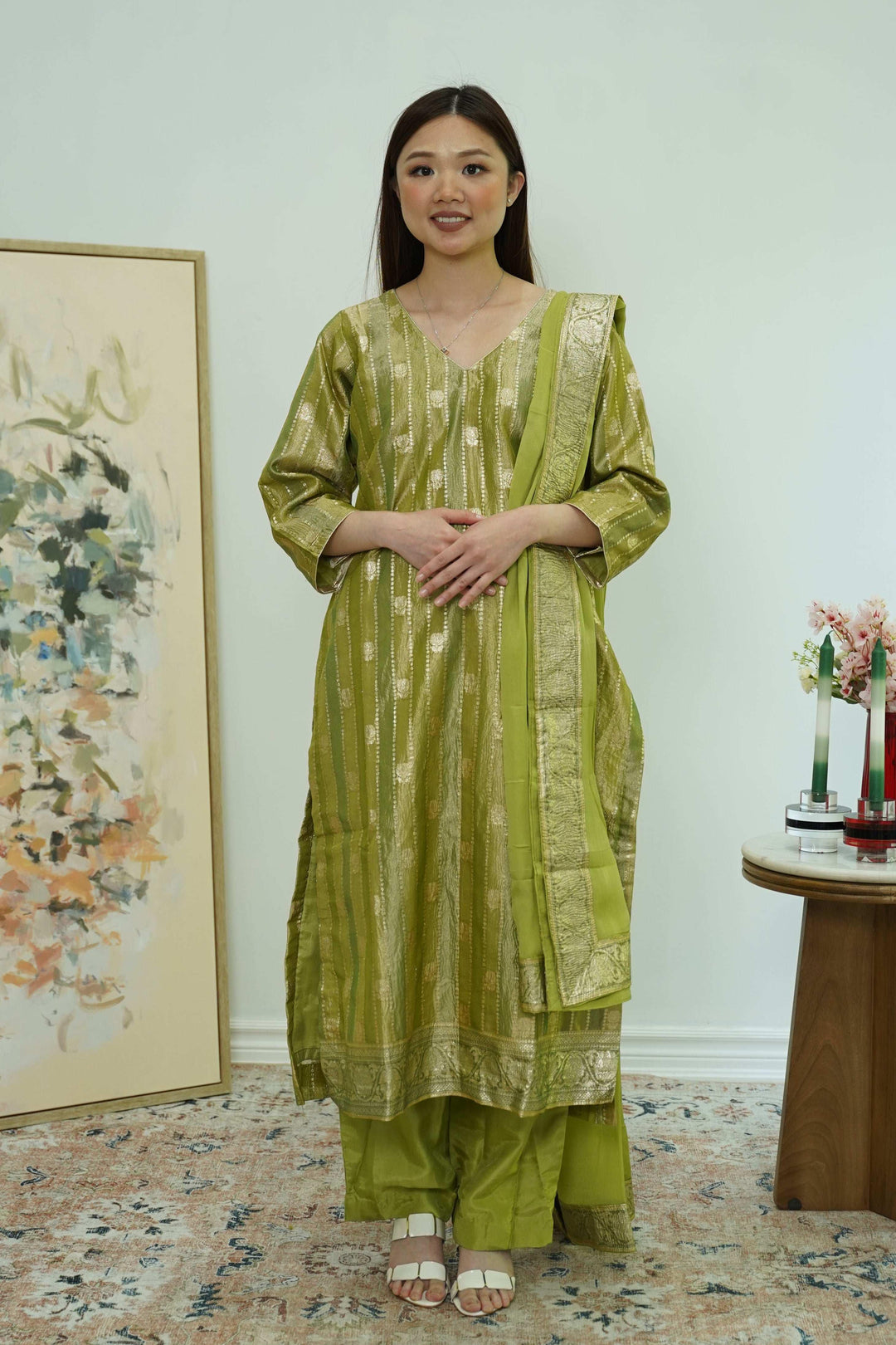 Olive Gleam Banarasi Salwar Kameez (Outside Ontario) - MyEthnikRentals