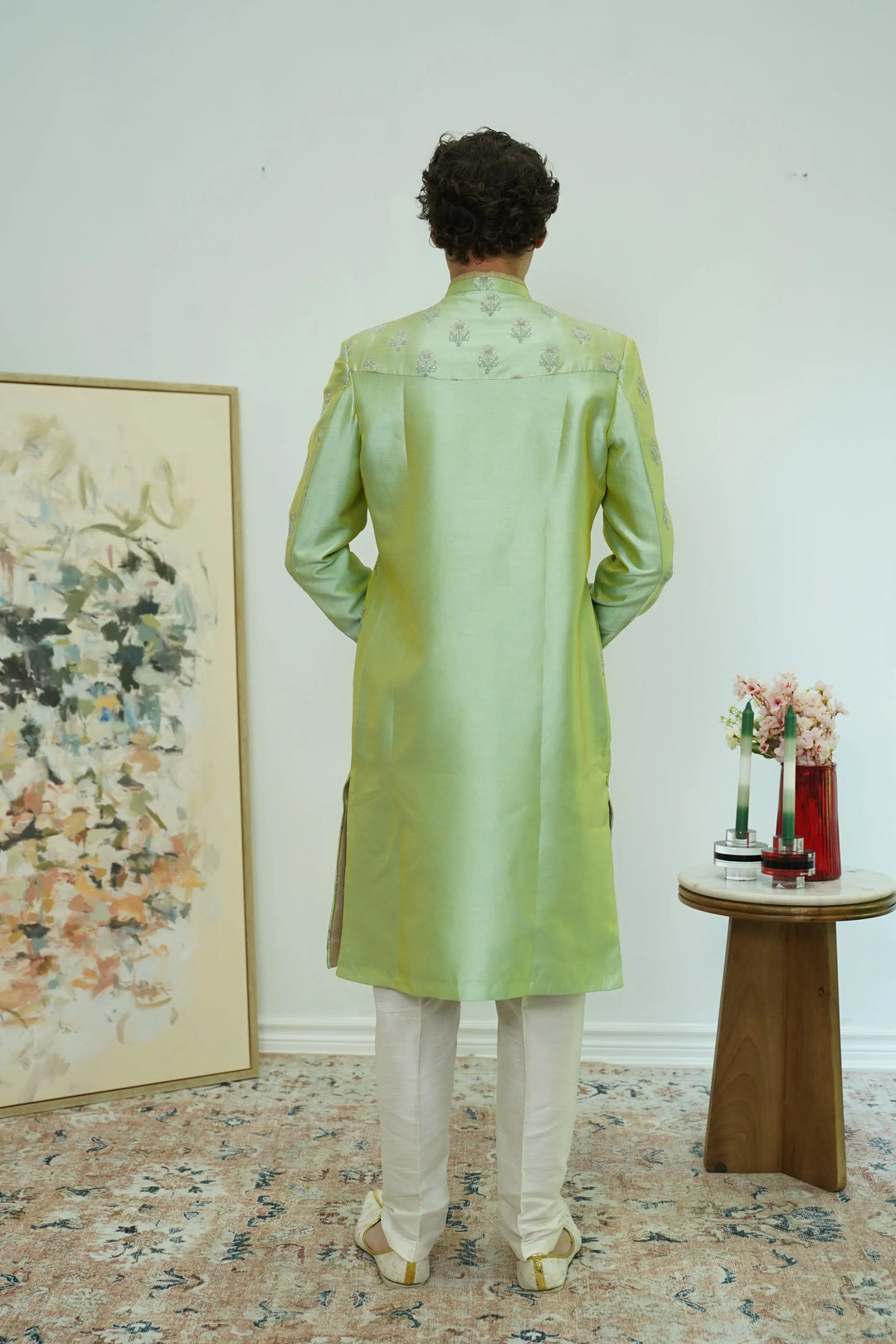 Mint Green Floral Brocade Sherwani Set - MyEthnikRentals