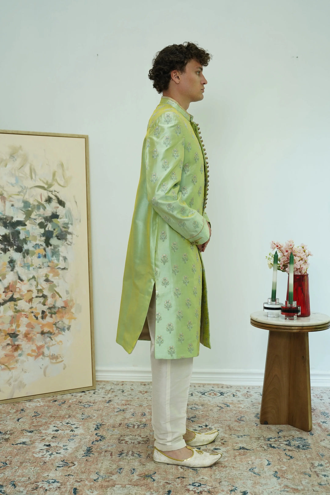 Mint Green Floral Brocade Sherwani Set - MyEthnikRentals