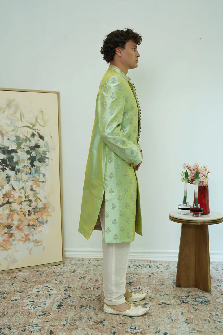Mint Green Floral Brocade Sherwani Set - MyEthnikRentals
