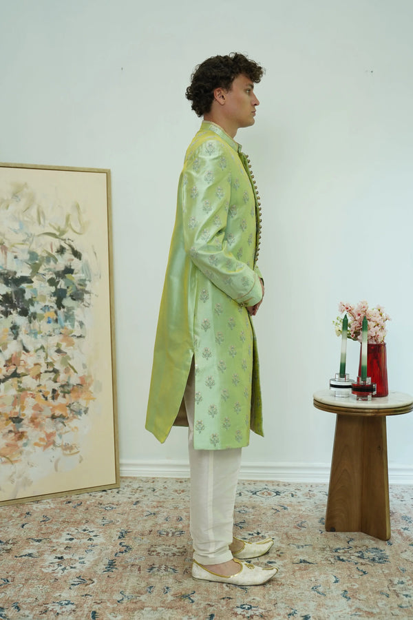 Mint Green Floral Brocade Sherwani Set (Outside Ontario) - MyEthnikRentals