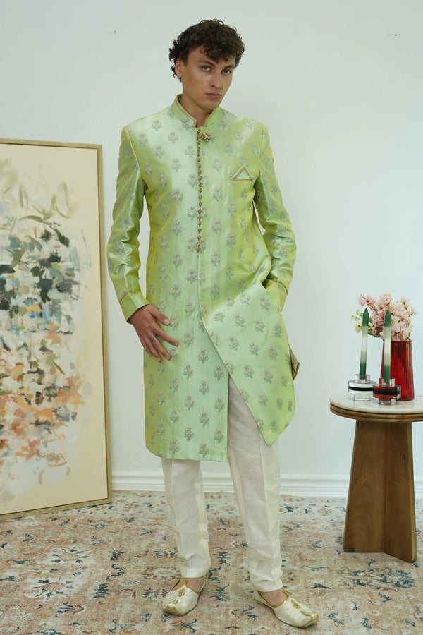 Mint Green Floral Brocade Sherwani Set (Outside Ontario) - MyEthnikRentals