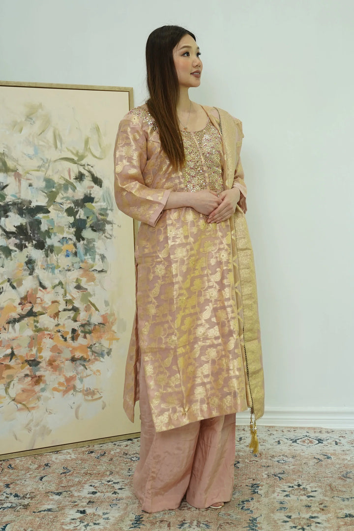 Champagne Glint Banarasi Salwar Kameez - MyEthnikRentals