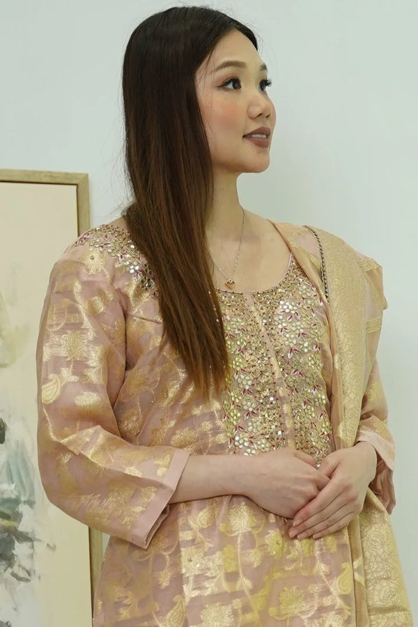 Champagne Glint Banarasi Salwar Kameez - MyEthnikRentals