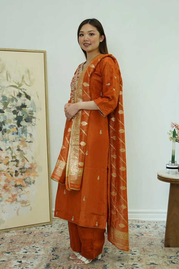 Rust Harmony Embroidered Salwar Kameez - MyEthnikRentals