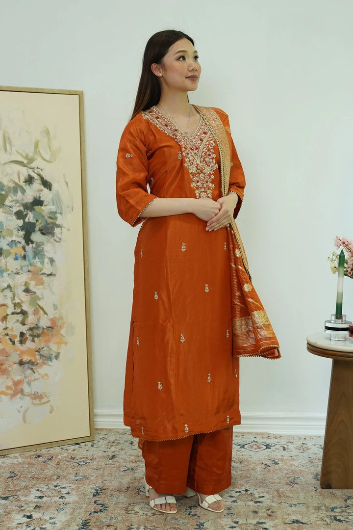 Rust Harmony Embroidered Salwar Kameez - MyEthnikRentals