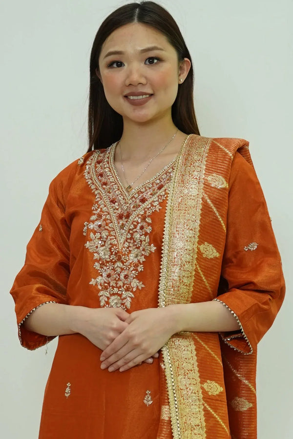 Rust Harmony Embroidered Salwar Kameez - MyEthnikRentals
