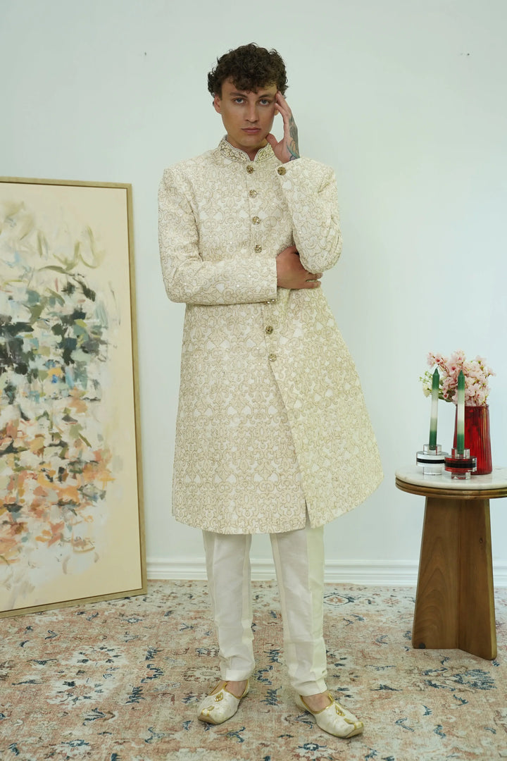 Classic Ivory Brocade Sherwani Set - MyEthnikRentals