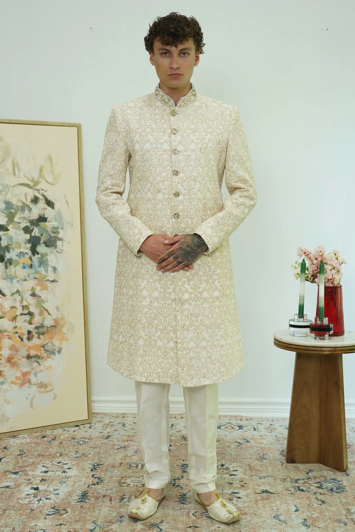 Classic Ivory Brocade Sherwani Set - MyEthnikRentals