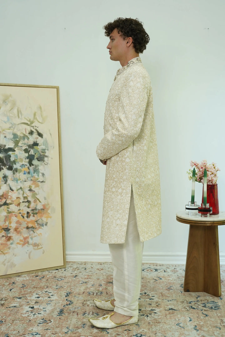 Classic Ivory Brocade Sherwani Set - MyEthnikRentals