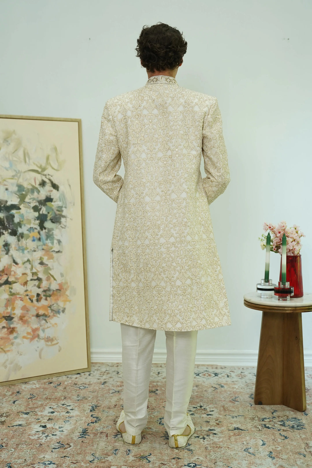 Classic Ivory Brocade Sherwani Set - MyEthnikRentals