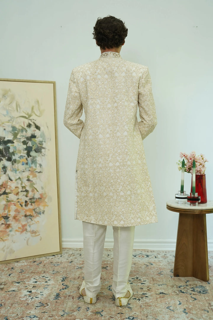Classic Ivory Brocade Sherwani Set - MyEthnikRentals