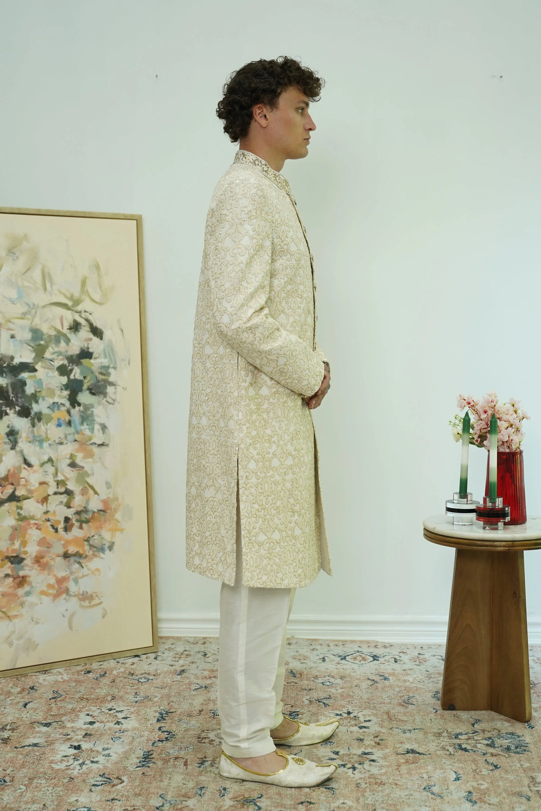 Classic Ivory Brocade Sherwani Set - MyEthnikRentals