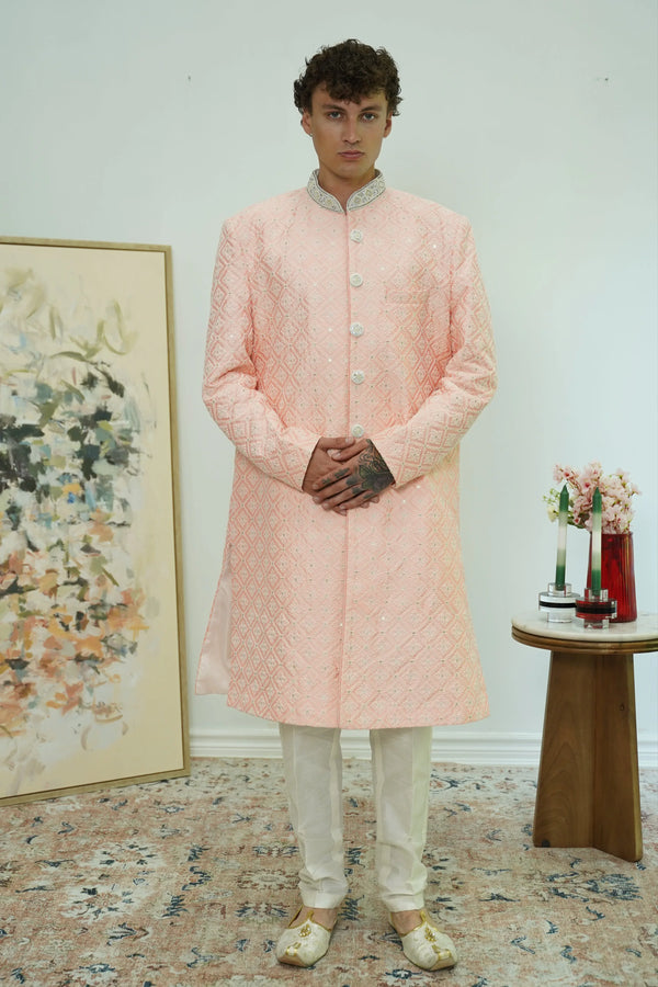 Peachy Pink Embroidery Sherwani (Outside Ontario) - MyEthnikRentals