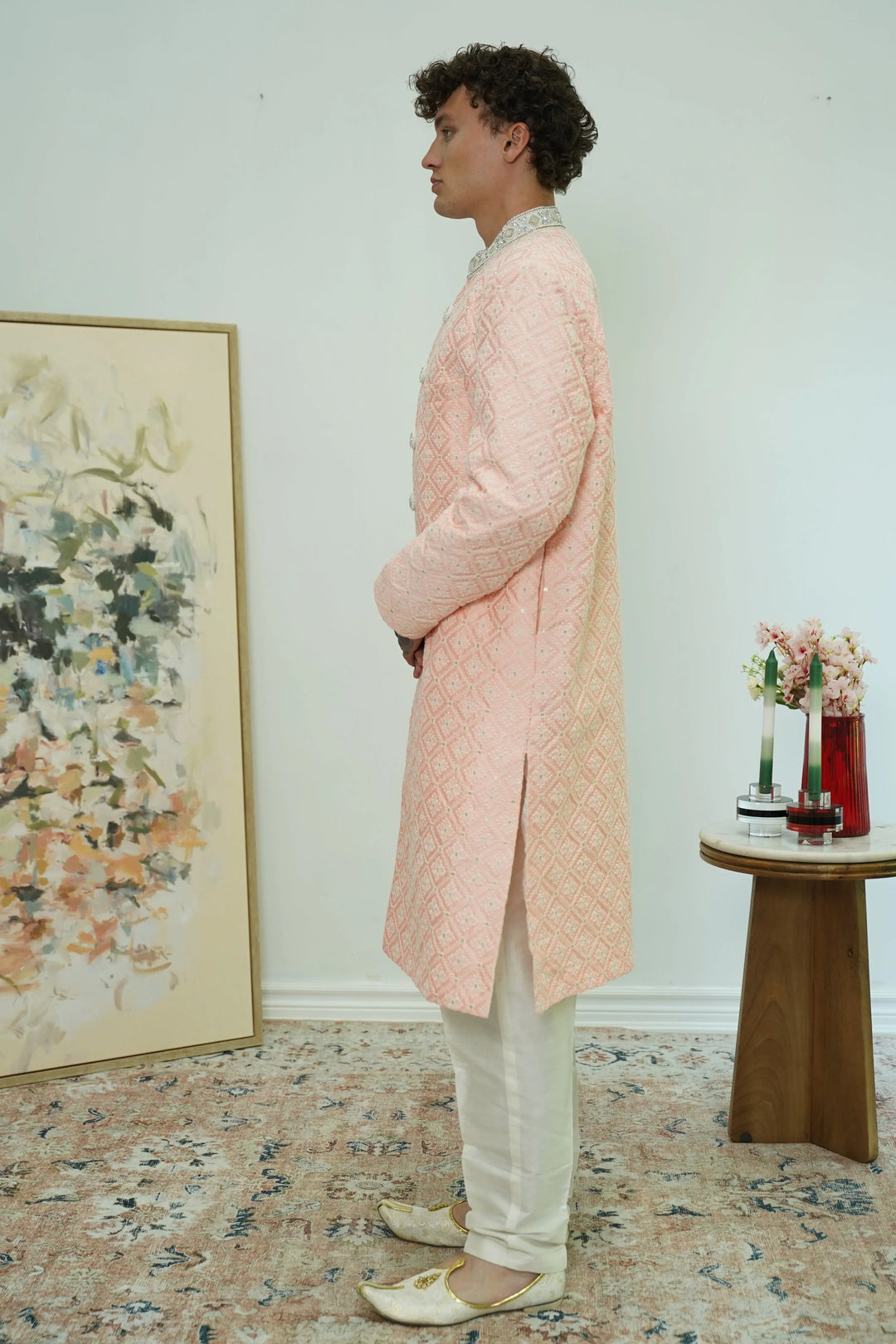 Peachy Pink Embroidery Sherwani - MyEthnikRentals