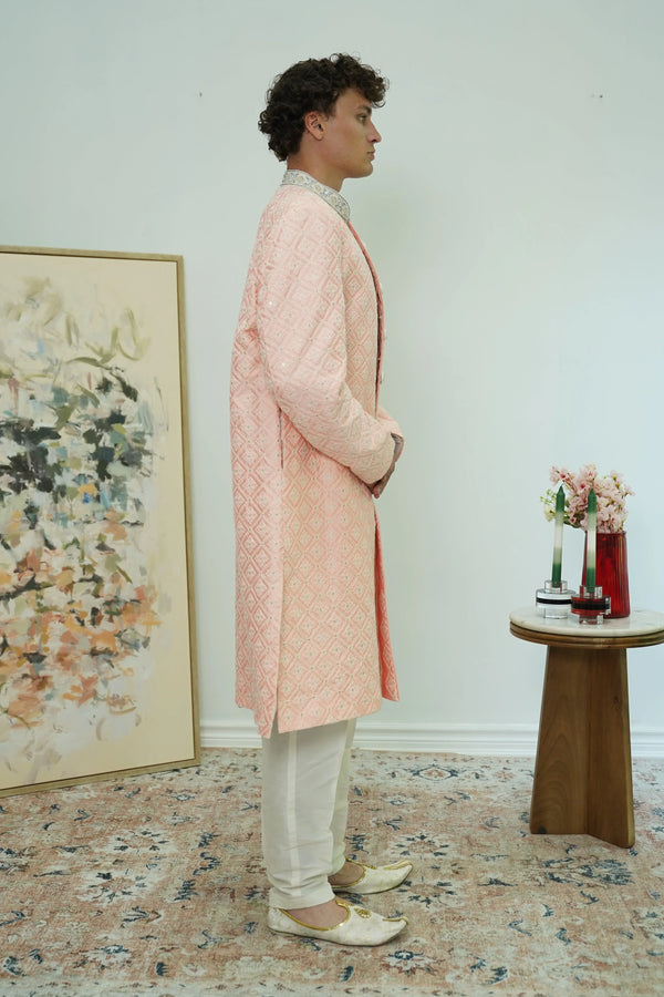 Peachy Pink Embroidery Sherwani (Outside Ontario) - MyEthnikRentals