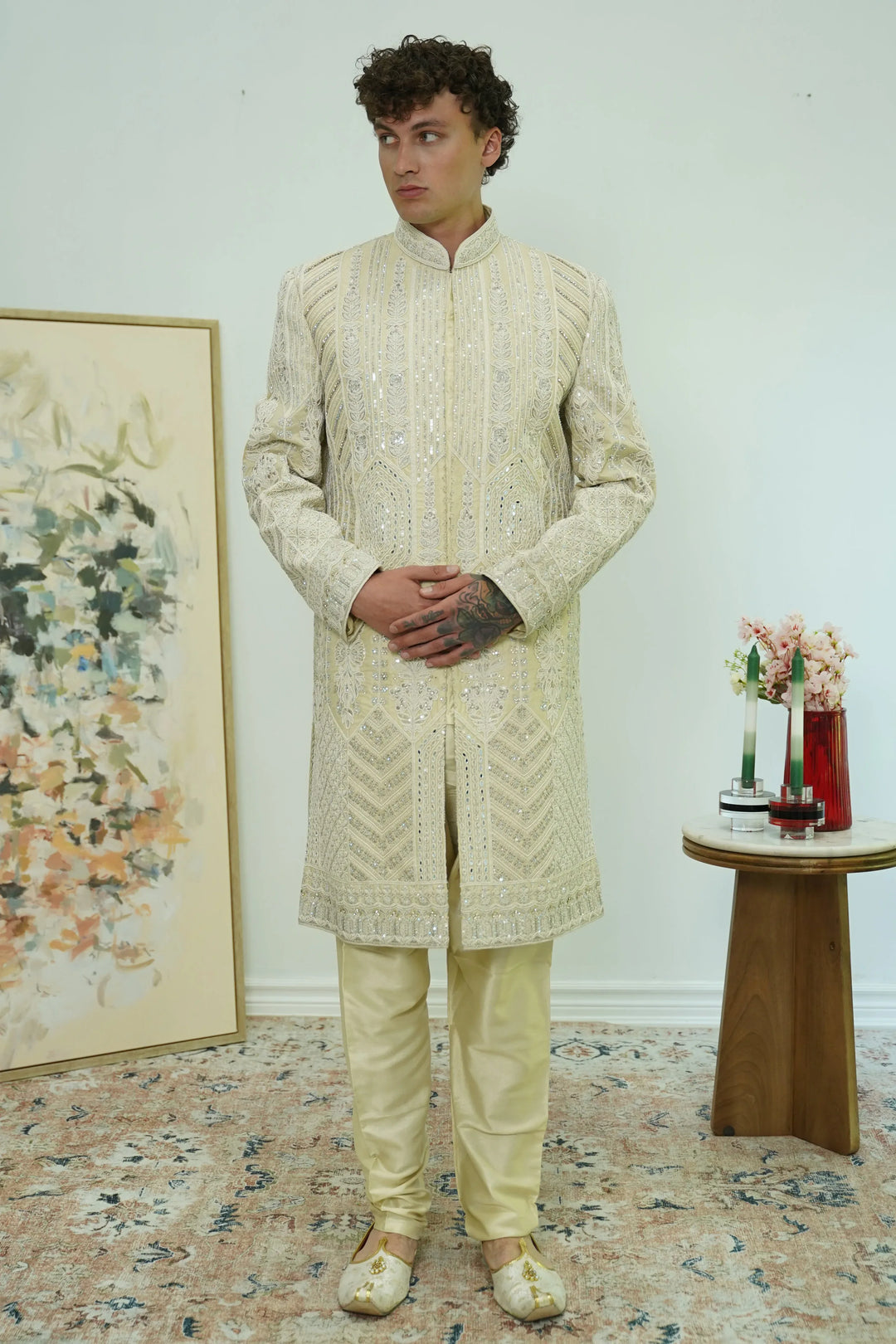 Off-white Mirror Embellished Sherwani Set - MyEthnikRentals