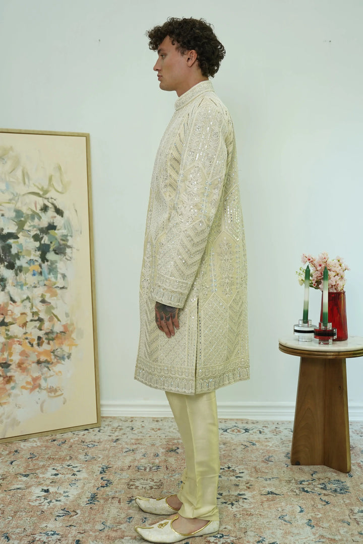 Off-white Mirror Embellished Sherwani Set - MyEthnikRentals