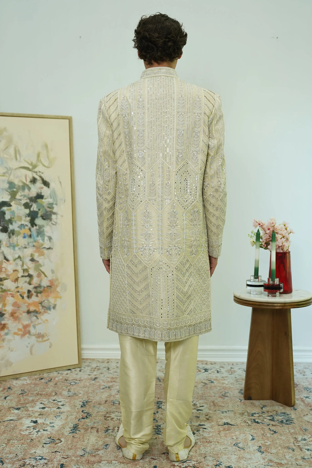 Off-white Mirror Embellished Sherwani Set - MyEthnikRentals