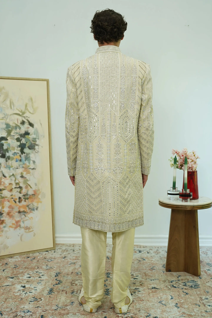 Off-white Mirror Embellished Sherwani Set - MyEthnikRentals