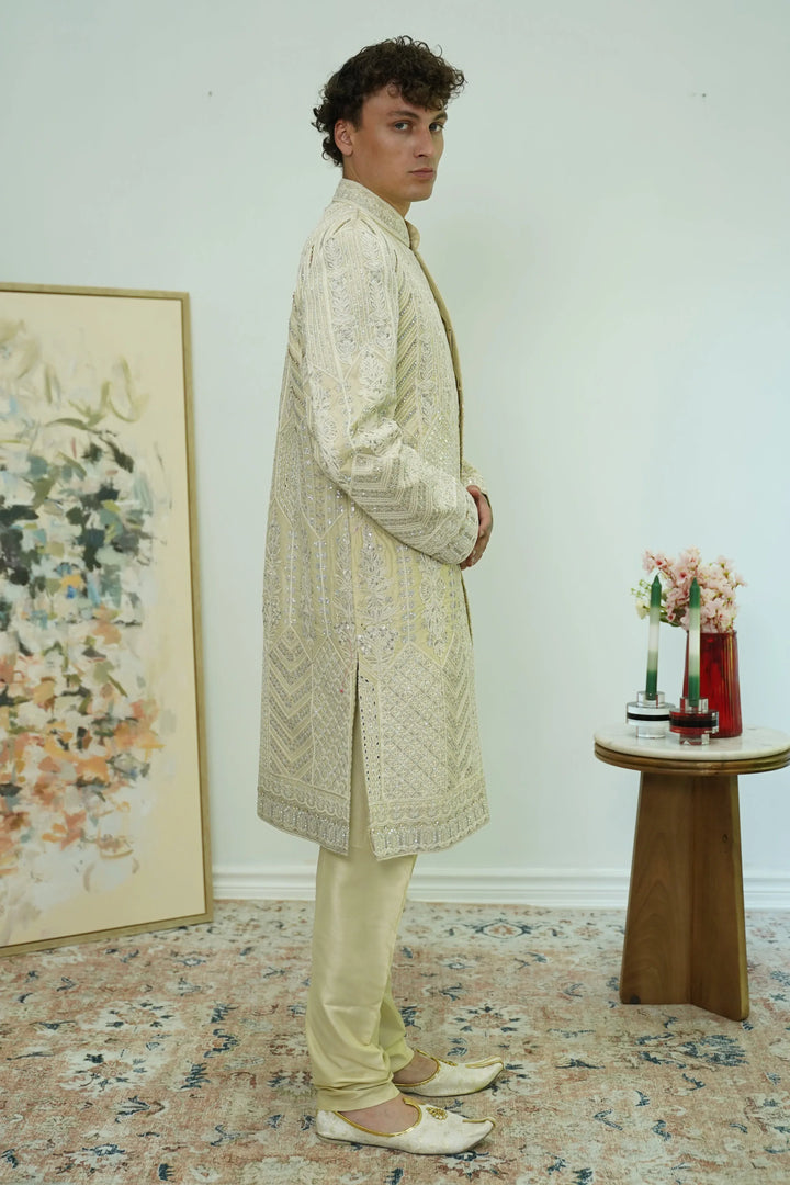 Off-white Mirror Embellished Sherwani Set - MyEthnikRentals
