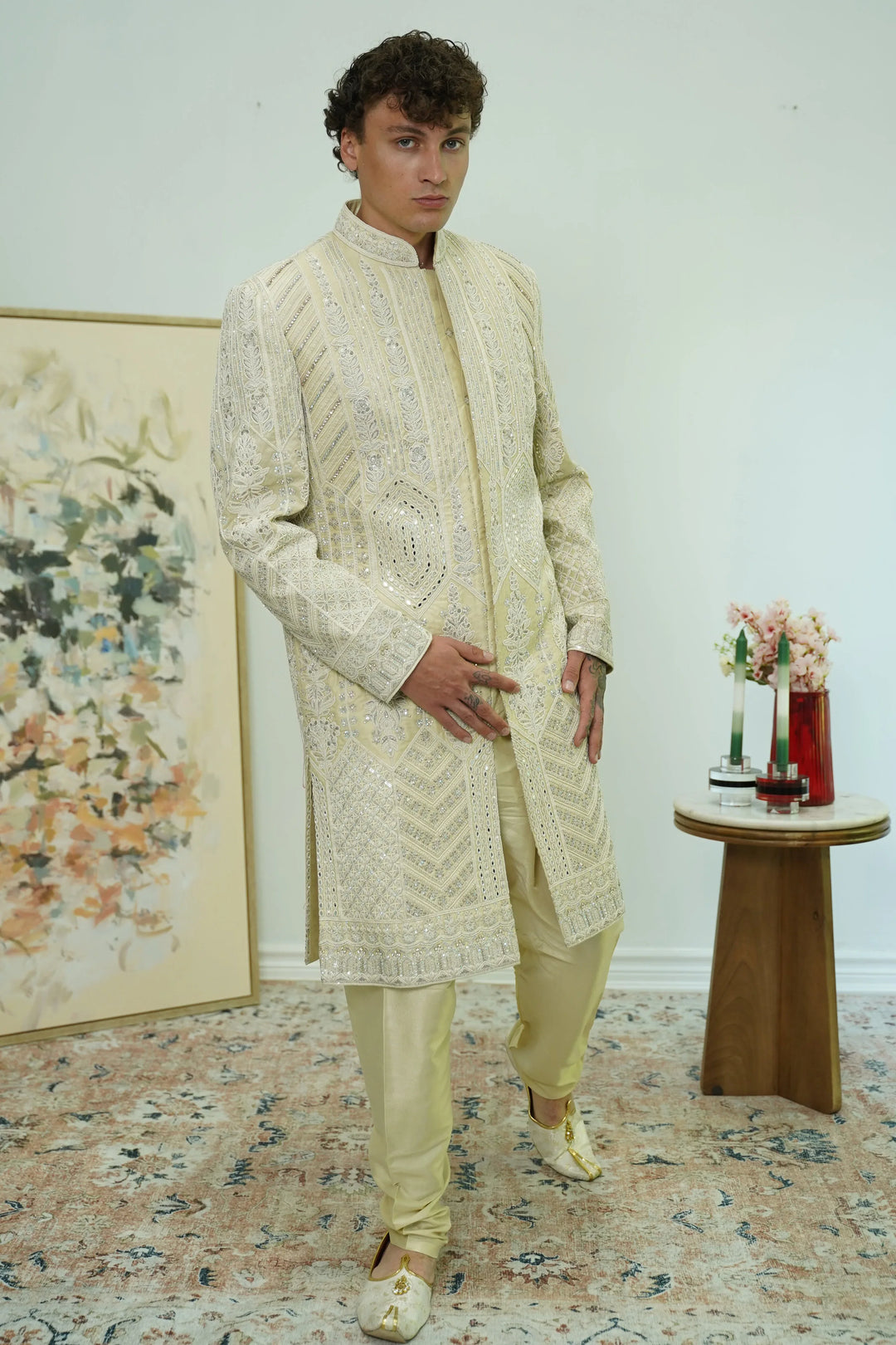 Off-white Mirror Embellished Sherwani Set - MyEthnikRentals