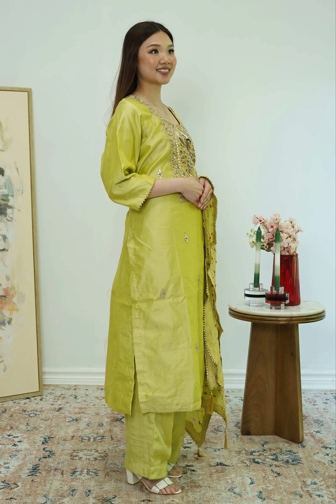 Chartreuse Mirrorwork Salwar Kameez (Outside Ontario) - MyEthnikRentals