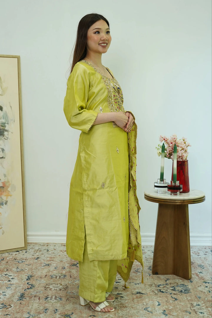 Chartreuse Mirrorwork Salwar Kameez - MyEthnikRentals