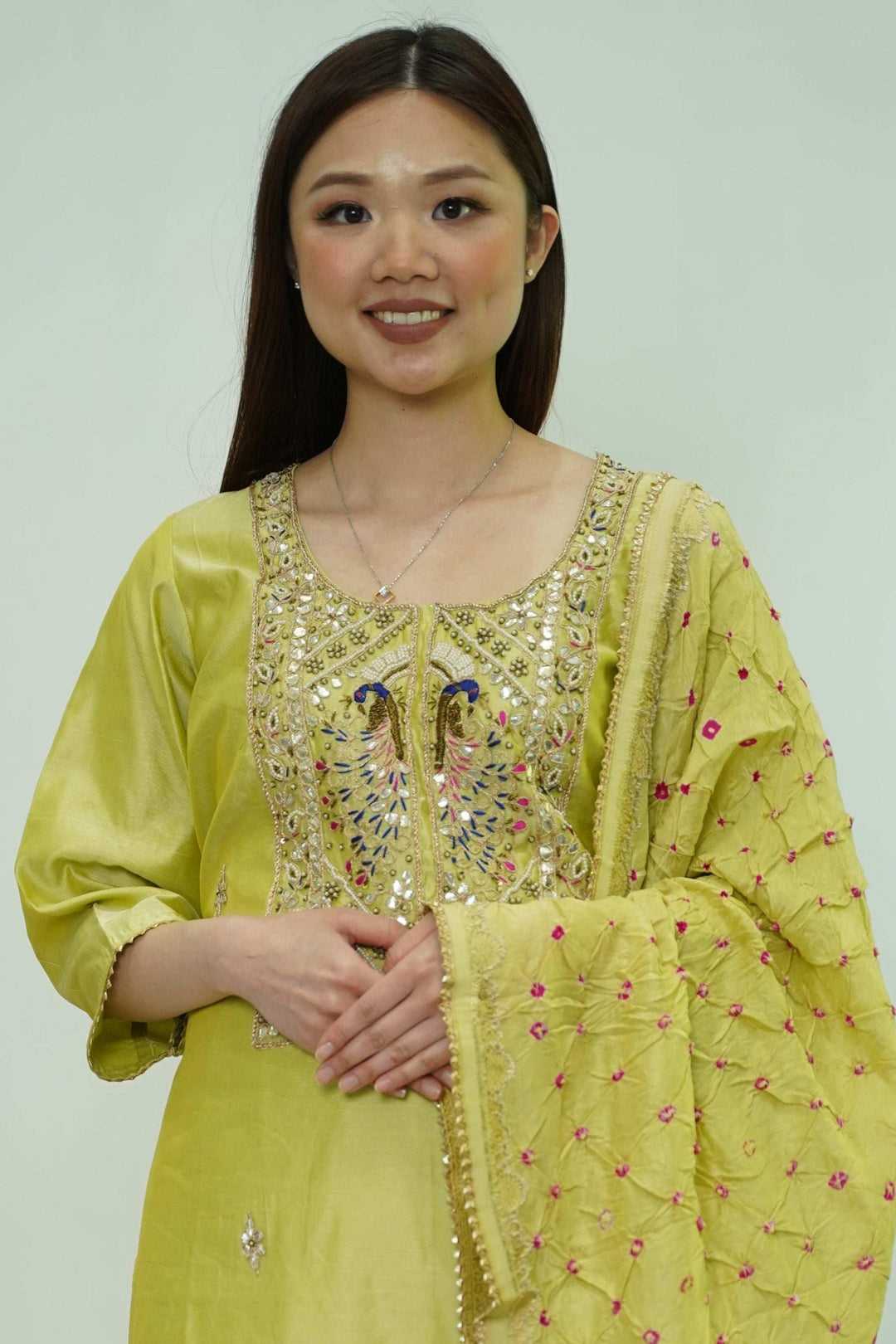 Chartreuse Mirrorwork Salwar Kameez (Outside Ontario) - MyEthnikRentals