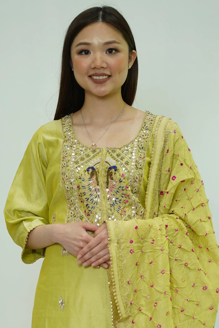 Chartreuse Mirrorwork Salwar Kameez - MyEthnikRentals