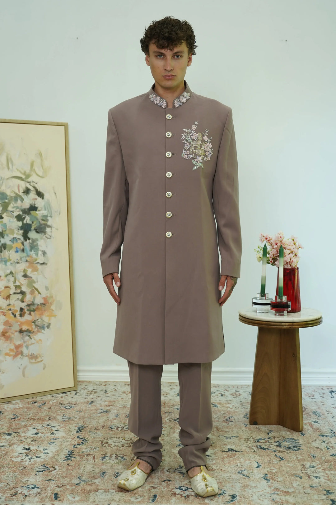 Dusty Mauve Embroidered Collar Sherwani Set - MyEthnikRentals