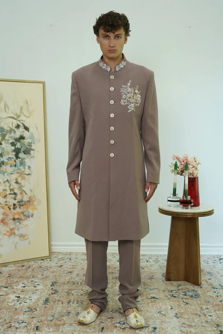 Dusty Mauve Embroidered Collar Sherwani Set - MyEthnikRentals