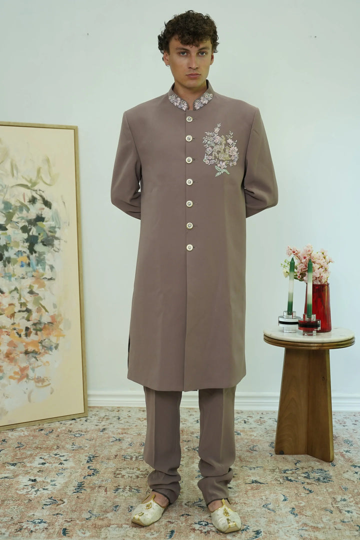 Dusty Mauve Embroidered Collar Sherwani Set - MyEthnikRentals