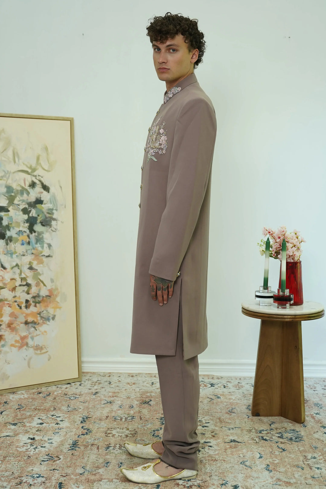 Dusty Mauve Embroidered Collar Sherwani Set - MyEthnikRentals