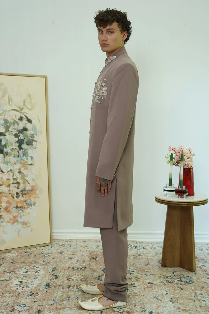 Dusty Mauve Embroidered Collar Sherwani Set - MyEthnikRentals