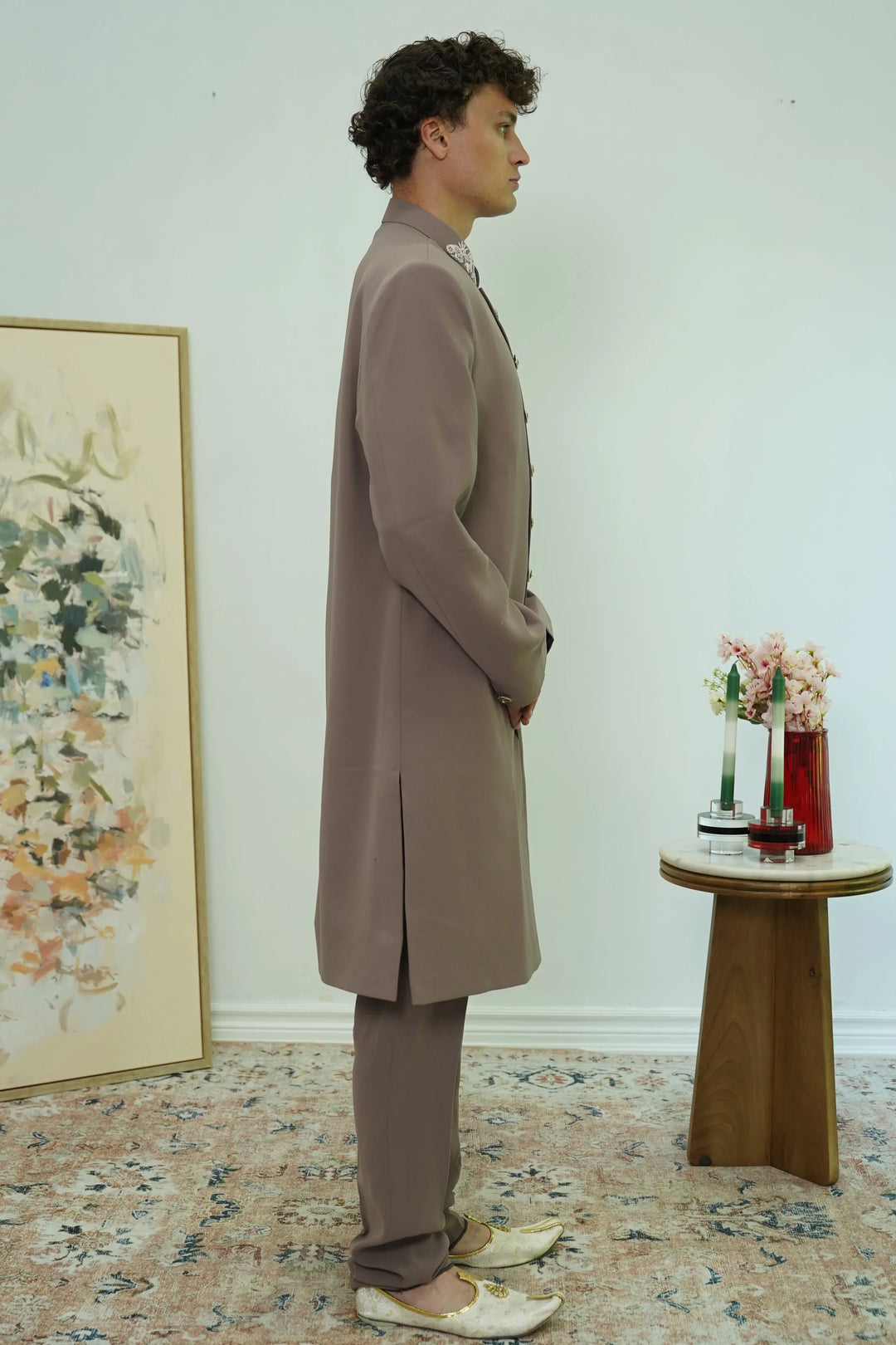 Dusty Mauve Embroidered Collar Sherwani Set - MyEthnikRentals