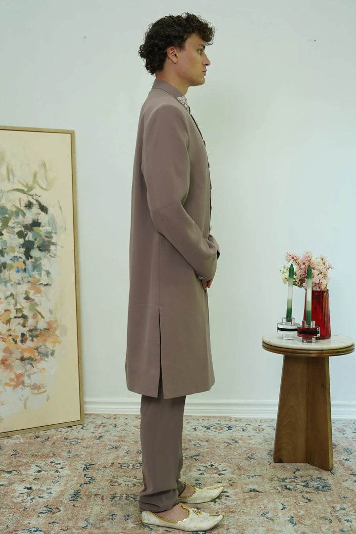 Dusty Mauve Embroidered Collar Sherwani Set - MyEthnikRentals