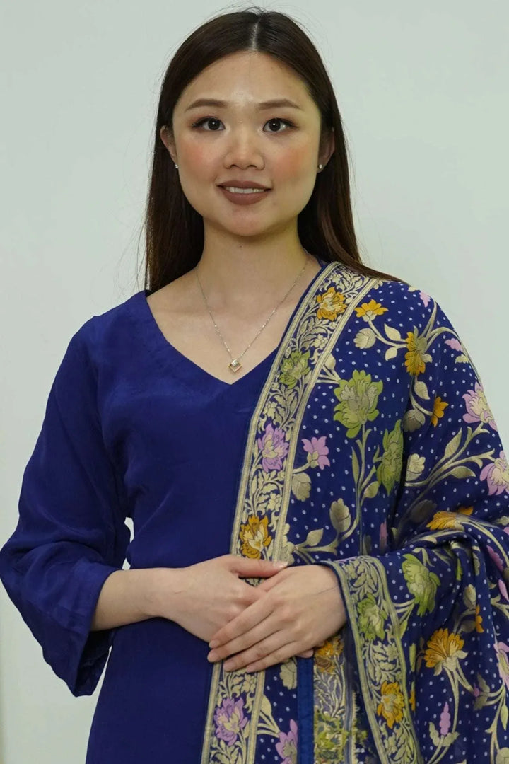Royal Indigo Salwar Kameez with Kashmiri-Style Dupatta (Outside Ontario) - MyEthnikRentals