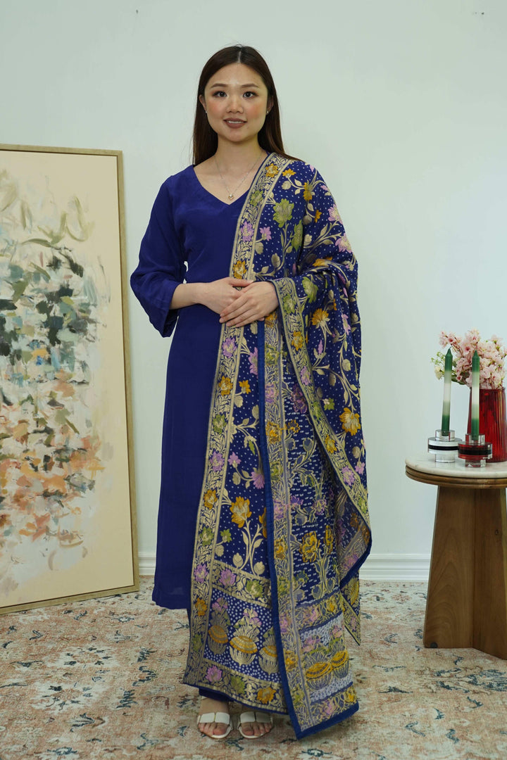 Royal Indigo Salwar Kameez with Kashmiri-Style Dupatta (Outside Ontario) - MyEthnikRentals