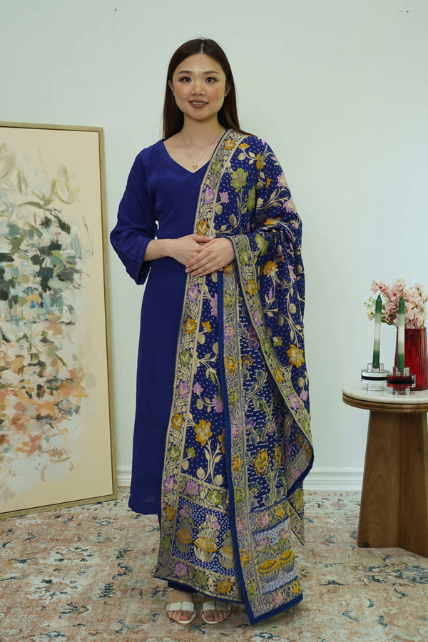 Royal Indigo Salwar Kameez with Kashmiri-Style Dupatta (Outside Ontario) - MyEthnikRentals