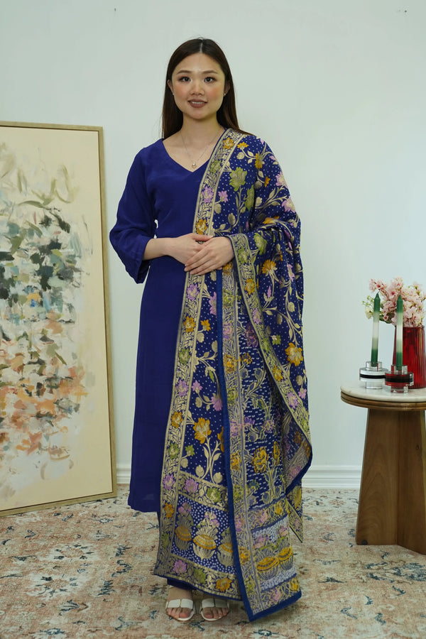 Royal Indigo Salwar Kameez with Kashmiri-Style Dupatta - MyEthnikRentals