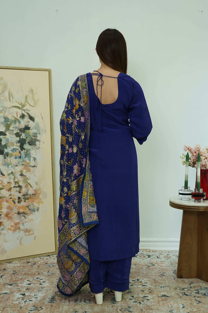 Royal Indigo Salwar Kameez with Kashmiri-Style Dupatta (Outside Ontario) - MyEthnikRentals