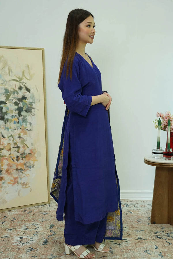 Royal Indigo Salwar Kameez with Kashmiri-Style Dupatta - MyEthnikRentals