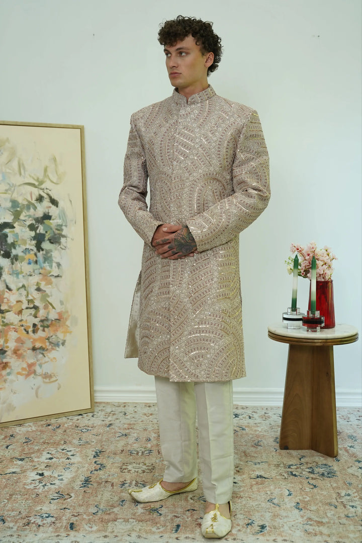 Champagne Radiance Sequin Sherwani Set - MyEthnikRentals