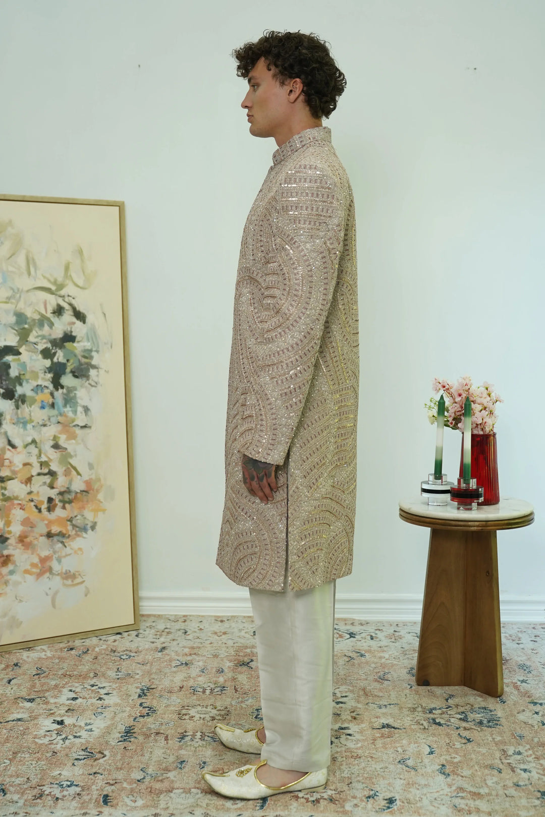 Champagne Radiance Sequin Sherwani Set - MyEthnikRentals