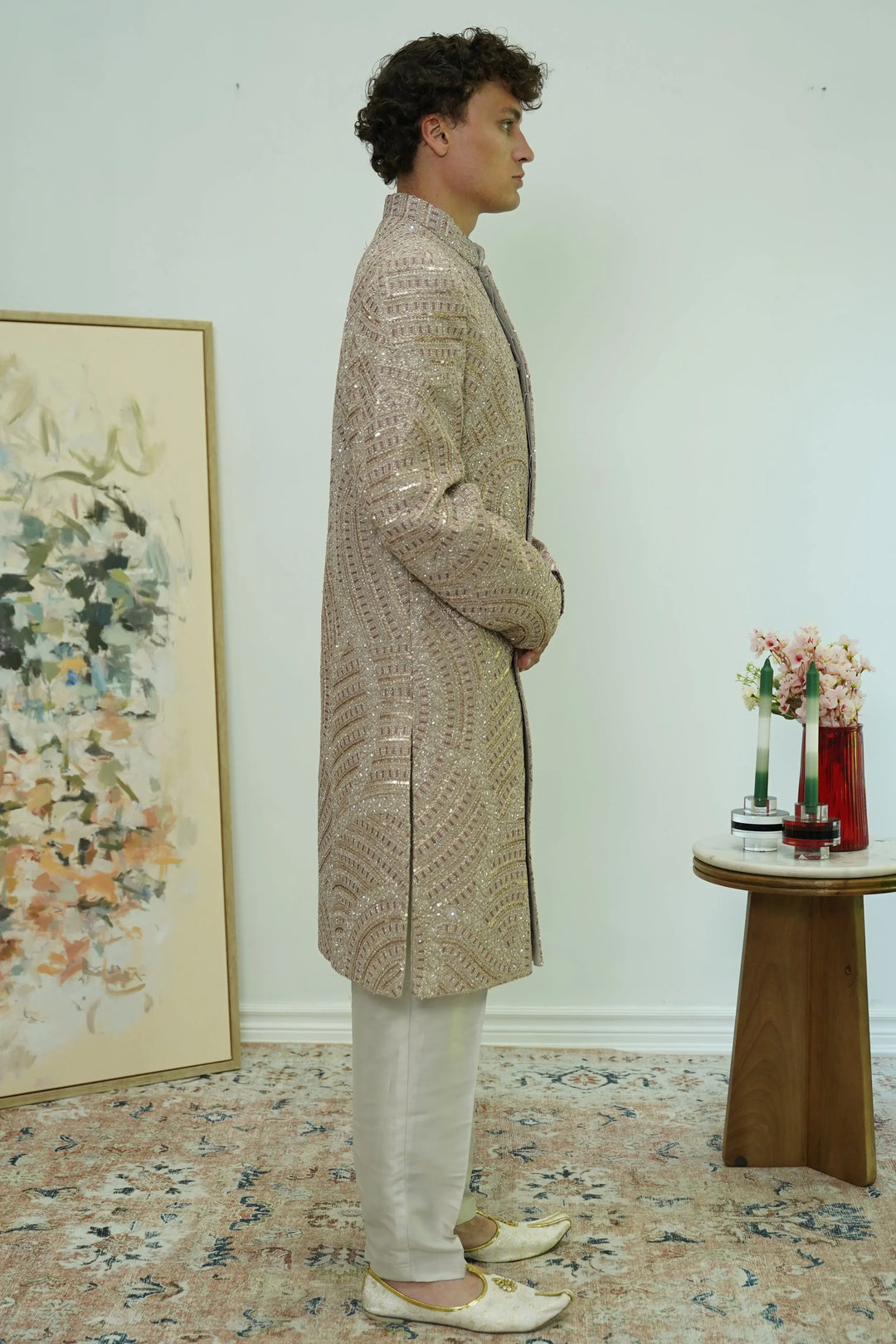 Champagne Radiance Sequin Sherwani Set - MyEthnikRentals